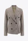 Brunello Cucinelli Metallic Double-breasted Jacket With Peak Revers In Linen Blend Woman In Gray