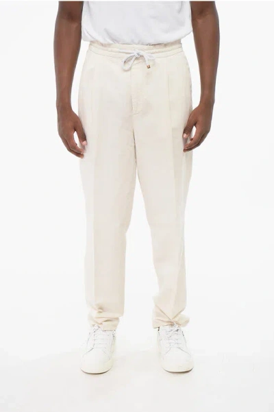 Brunello Cucinelli Double-breasted Linen Blend Pants With Elastic Waistband In Neutral