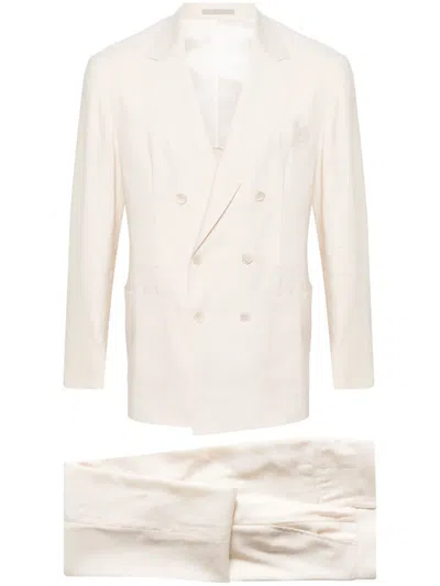 Brunello Cucinelli Double-breasted Linen Blend Suit In 中性色