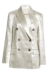 Brunello Cucinelli Metallic Linen Double-breasted Blazer Jacket In C281 Silver