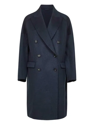 Brunello Cucinelli Double-breasted Long-sleeve Coat In Blue