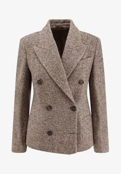 Brunello Cucinelli Virgin Wool And Silk Melange Diagonal Double-breasted Blazer In Neutral