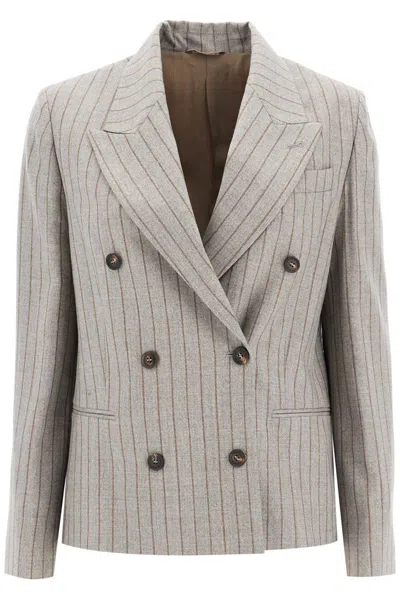 Brunello Cucinelli Blazer Doppiopetto In Gessato Mouliné In Gray