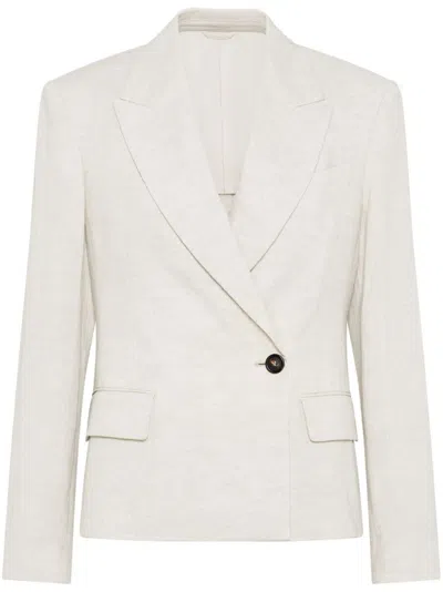 BRUNELLO CUCINELLI BRUNELLO CUCINELLI DOUBLE-BREASTED OFF-WHITE JACKET WITH NOTCHED LAPEL
