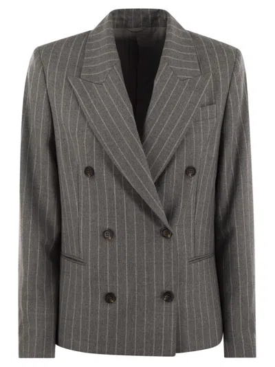 Brunello Cucinelli Double Breasted Pinstriped Jacket In Grey