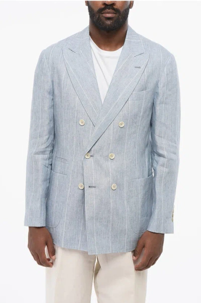 Brunello Cucinelli Double-breasted Pinstriped Linen Blazer With Peak Lapel