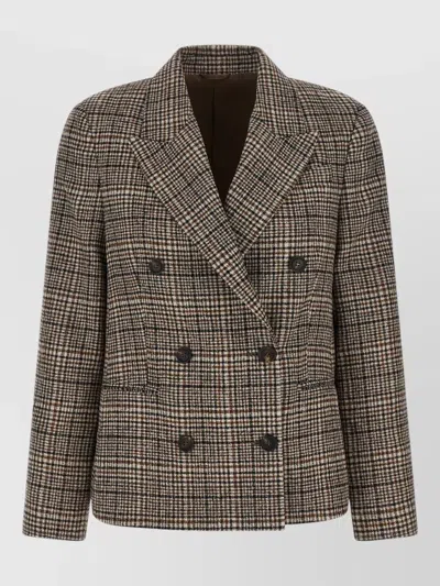 Brunello Cucinelli Double Breasted Plaid Cashmere Blend Blazer In Brown