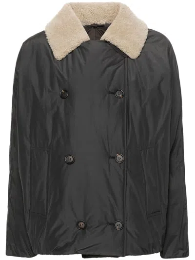Brunello Cucinelli Grey Double-breasted Down Jacket With Classic Collar In Cotton Blend Woman In Gray