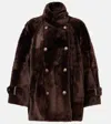 Brunello Cucinelli Leather Double-breasted Jacket High Collar In Brown