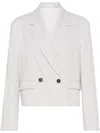 Brunello Cucinelli Double-breasted Short Blazer In White Linen And Cotton In White