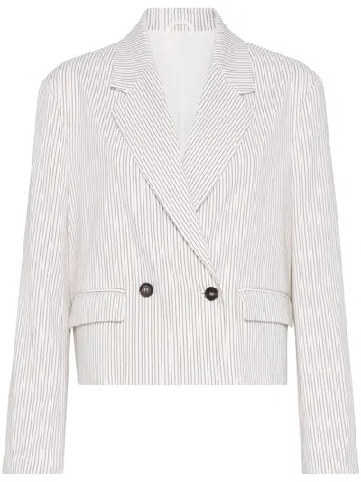 Brunello Cucinelli Double-breasted Short Blazer In White Linen And Cotton