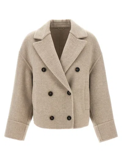 Brunello Cucinelli Double-breasted Short Coat Coats, Trench Coats Beige In Gray