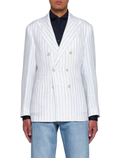 Brunello Cucinelli Double Breasted Striped Tailored Blazer In White