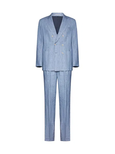 Brunello Cucinelli Double-breasted Striped Tailored Suit In Clear Blue