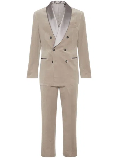 Brunello Cucinelli Cotton Velvet Tuxedo With One-and-a-half Breasted Shawl Lapel Jacket And Pleated  In 中性色