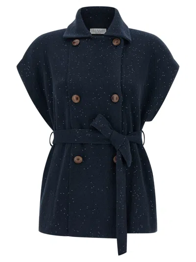 Brunello Cucinelli Double-breasted Tie Knit Vest In Blue