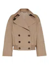 Brunello Cucinelli Brown Double-breasted Crop Jacket With Windbreak Flap And Classic Wide Lapels In Cotton Blend Woman In Brown