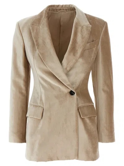 Brunello Cucinelli Velvet Blazer With Back Vent And Flap Pockets In Beige