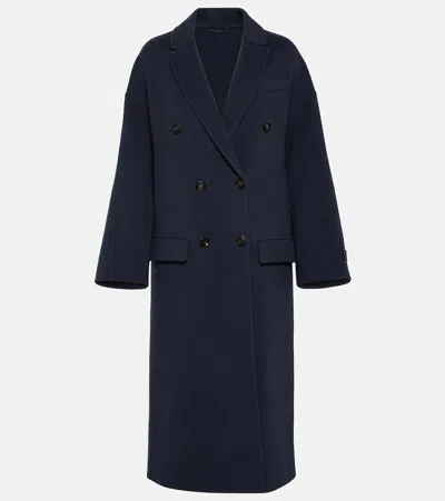 Brunello Cucinelli Blue Double-breasted Coat With Monle Detail On Cuff In Wool And Cashmere Woman