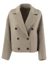 Brunello Cucinelli Beige Double-breasted Short Coat With Wide Revers In Wool And Cashmere Woman In Brown