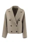 Brunello Cucinelli Beige Double-breasted Short Coat With Wide Revers In Wool And Cashmere Woman In Brown