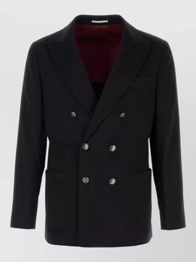Brunello Cucinelli Double-breasted Wool Blend Blazer Featuring Pockets In Black