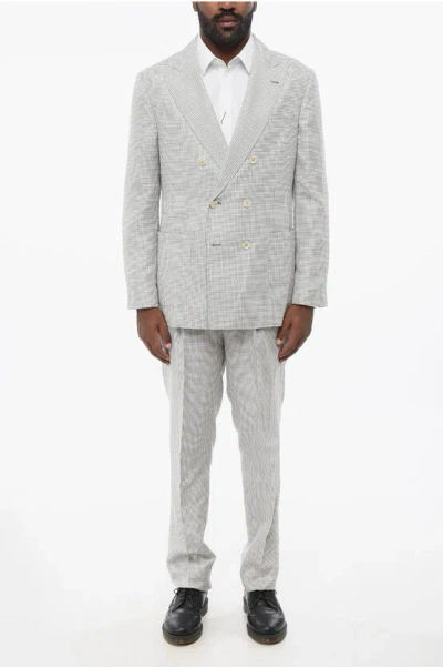 Brunello Cucinelli Double-breasted Wool Blend Suit With Houndstooth Motif In White