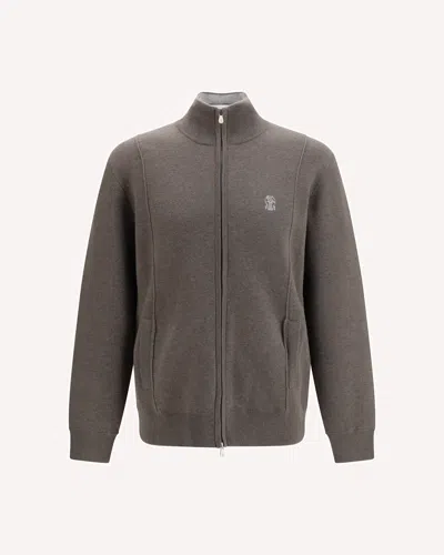 Brunello Cucinelli Double Cashmere Cardigan With Zip And Logo In Gray