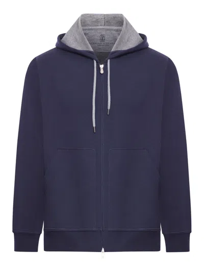 Brunello Cucinelli Double Cotton, Cashmere And Silk Sweatshirt Topwear With Zip And Hood In Blue
