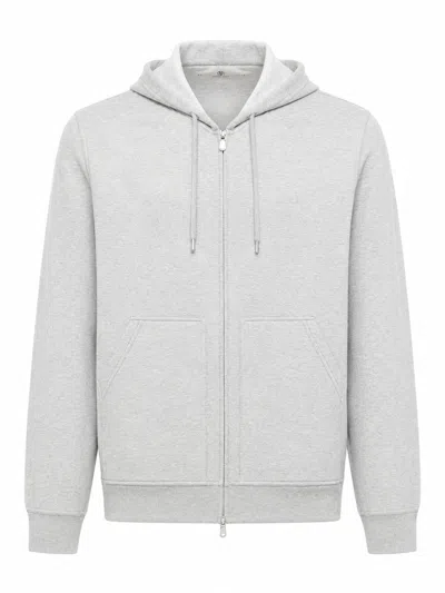 Brunello Cucinelli Double Cotton, Cashmere And Silk Sweatshirt Topwear With Zip And Hood In Gray