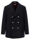 Brunello Cucinelli Navy Blue Double Flannel Caban Blazer In Black