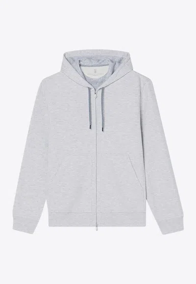 Brunello Cucinelli Double French Terry Zip-up Hooded Sweatshirt In Gray
