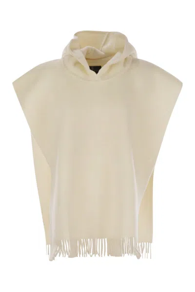 Brunello Cucinelli Double Knit Wool And Cashmere Poncho With Hood And Fringes In Neutral