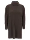 Brunello Cucinelli Layered Dress With High Neck And Ribbed Texture In Brown