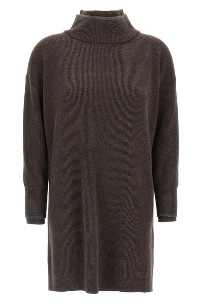 Brunello Cucinelli Layered Dress With High Neck And Ribbed Texture In Brown