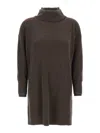 Brunello Cucinelli Layered Dress With High Neck And Ribbed Texture In Brown