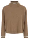 Brunello Cucinelli Ribbed Mock Neck Sweater With Contrast Trim In Brown