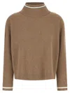 Brunello Cucinelli Ribbed Mock Neck Sweater With Contrast Trim In Brown