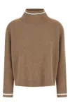 Brunello Cucinelli Ribbed Mock Neck Sweater With Contrast Trim In Brown