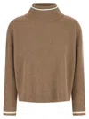 Brunello Cucinelli Ribbed Mock Neck Sweater With Contrast Trim In Brown
