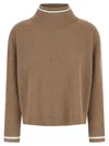 Brunello Cucinelli Ribbed Mock Neck Sweater With Contrast Trim In Brown