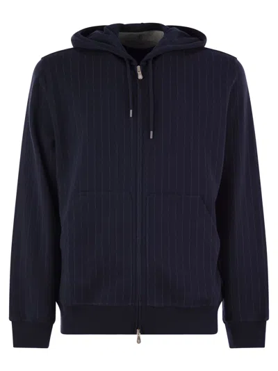 Brunello Cucinelli Double Pinstripe Fleece Topwear In Cotton, Cashmere And Silk With Zip And Hood In Marine Blue