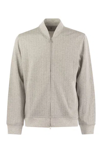 Brunello Cucinelli Double Pinstripe Fleece Topwear In Cotton, Cashmere And Silk With Zip In White