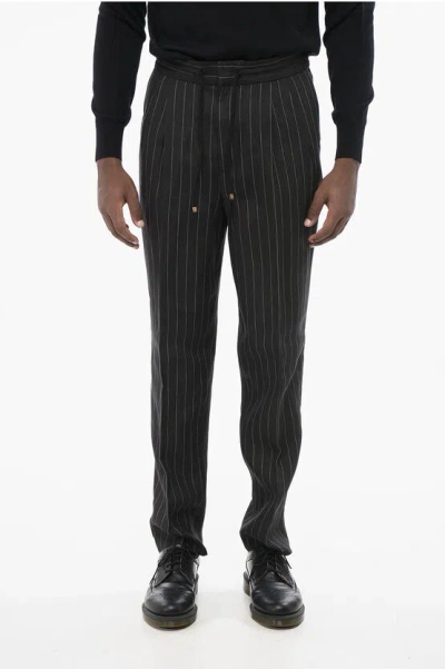 Brunello Cucinelli Double-pleated Pinstriped Linen Pants With Drawstring In Black