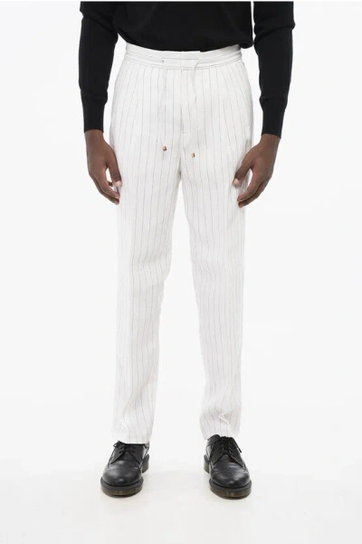 BRUNELLO CUCINELLI DOUBLE-PLEATED PINSTRIPED LINEN PANTS WITH DRAWSTRING