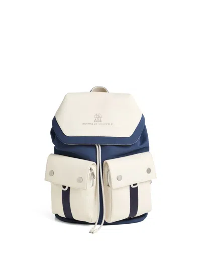 Brunello Cucinelli Kids' Double-pocket Drawstring Backpack In Blue