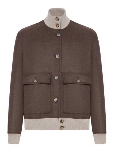 Brunello Cucinelli Double Wool Flannel Bomber Jacket In Brown