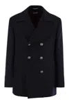 Brunello Cucinelli Men Double Wool Flannel Pea Coat With Metal Buttons In Black