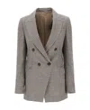 Brunello Cucinelli Double-breasted Houndstooth Linen-blend Blazer In Gray