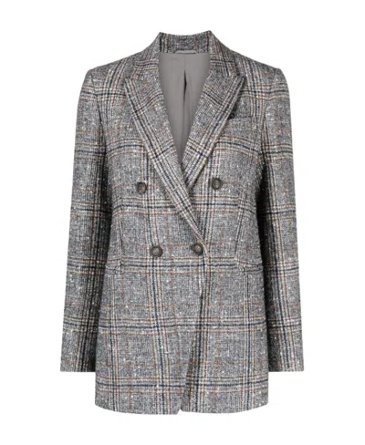 Brunello Cucinelli Double-breasted Checked Wool-blend Blazer In Gray